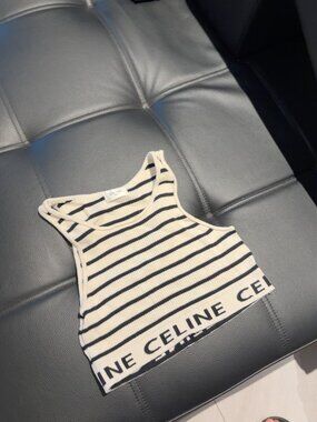 NWT Womens Celine Black and White Striped Crop Tank Top